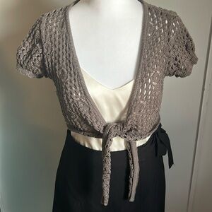 Charlotte Russe Crop Crochet Open Knit Style Tie Front Cardigan Shrug Sweater